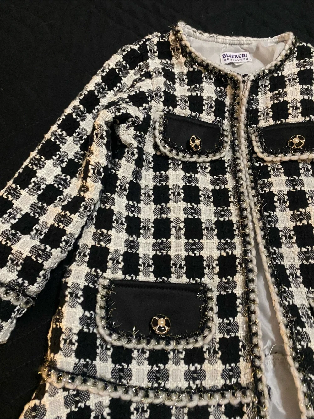 Blueberi Boulevard Girls 3T Black White Silver Trim Tweed Check Print Open Coat